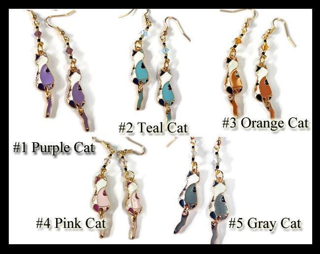 Cute Cat With Tail Dangle Earrings Purple Cat, Blue Cat, Orange Cat, Pink Cat, And Gray Cat. Cute Cat Fashion Jewelry