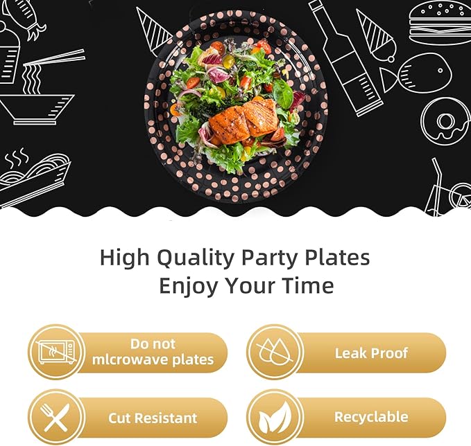 50pc Black & Rose Gold Polka Dot Paper Plates - 7" Premium 350gsm Heavy-Duty Dessert Plates - Elegant Disposable Rose Gold Foil Appetizer Plates for Graduation 2026, Wedding, Birthday & Bachelorette Decor