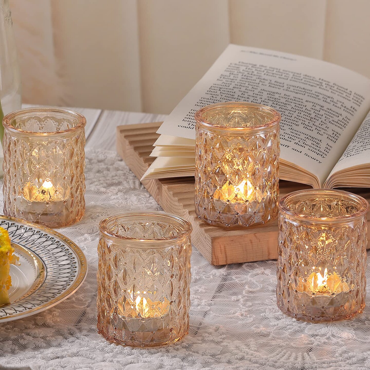 12pcs Gold Votive Candle Holders- Tealight Candle Holder for Table Centerpiece, Glass Candle Holder for Wedding Table Decor, Home Decor and Party Decor&#x26; Organizer Storage Tote Bag