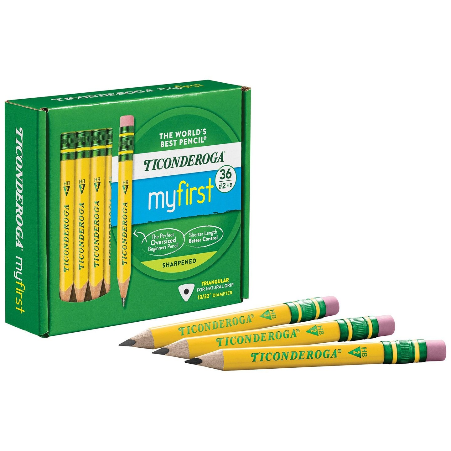 My First&#xAE; Short Wooden Pencils, Large Triangle Barrel, Sharpened, #2 HB Soft, With Eraser, Yellow, 36 Count