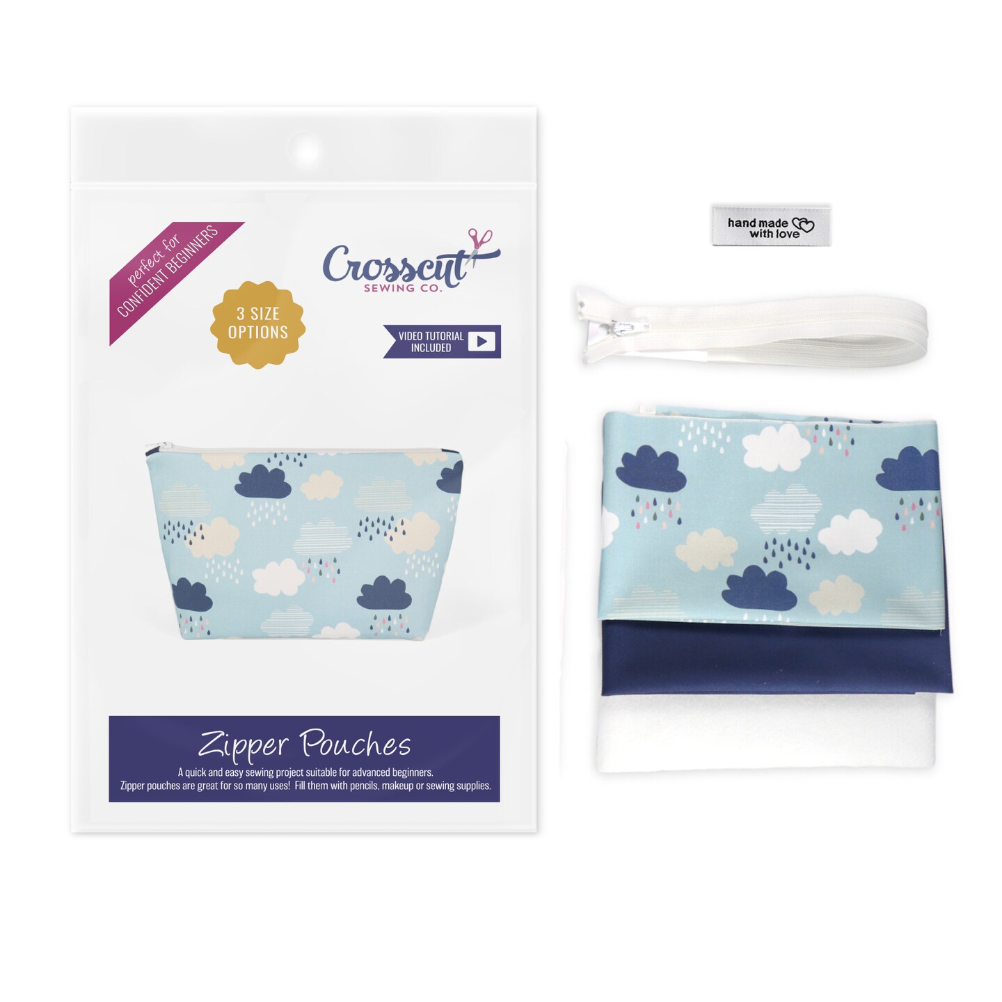 Crosscut Sewing Co.® Zipper Pouch Sewing Project Kit for Beginners with Fabric, Instructions and Video