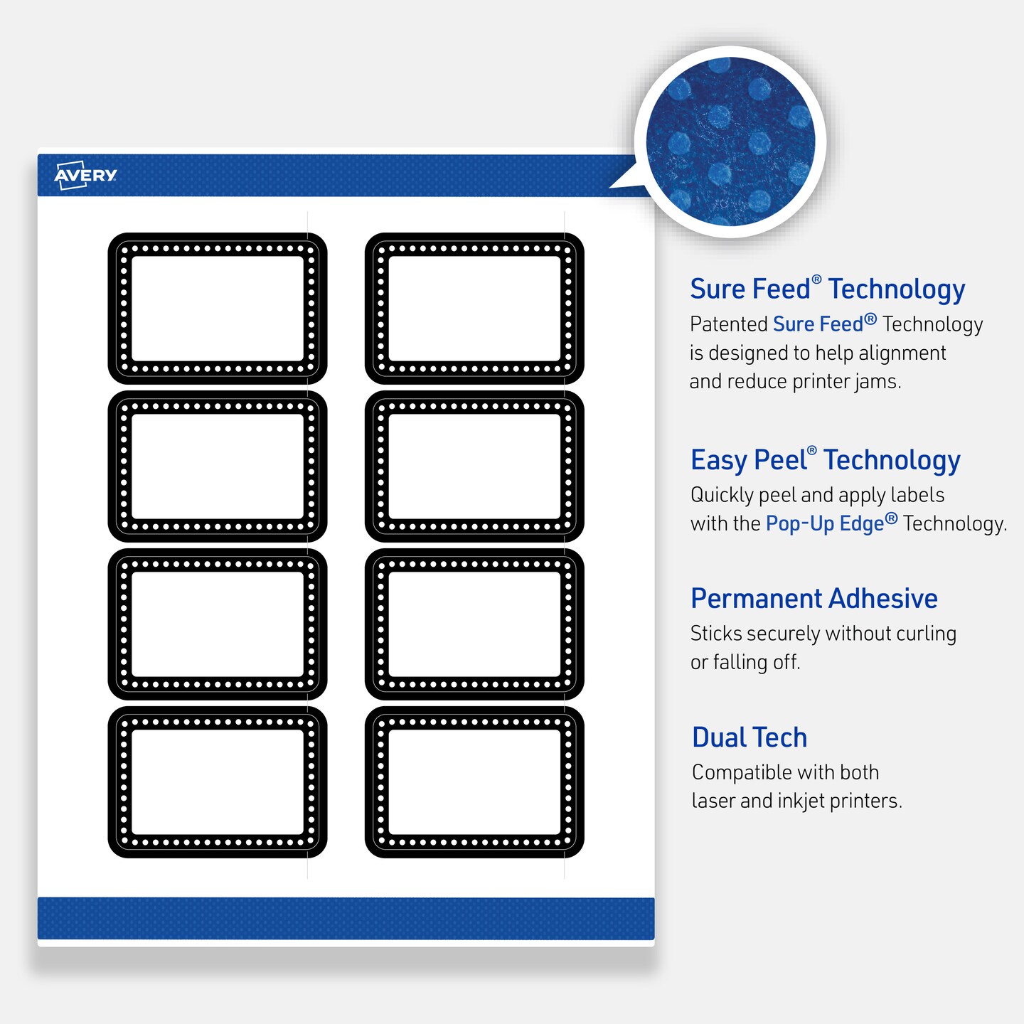 Avery Printable Rectangle Labels, Black and White Polka Dots, 2&#x22; x 3&#x22;, Matte White Rectangle Labels, Permanent, Laser/Inkjet, 80ct, Great for Product Labels