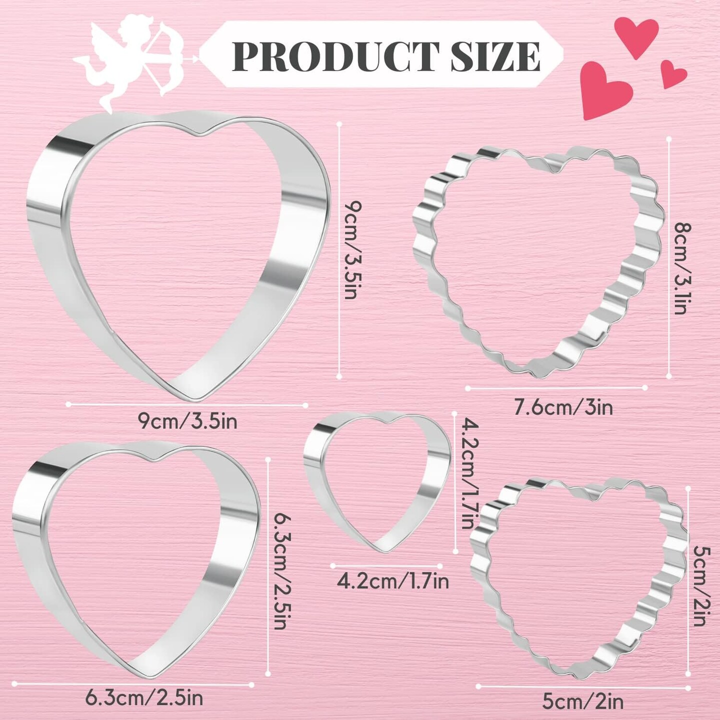 Valentine&#x27;s Day Cookie Cutters Set 5 Pcs Stainless Steel Heart Biscuit