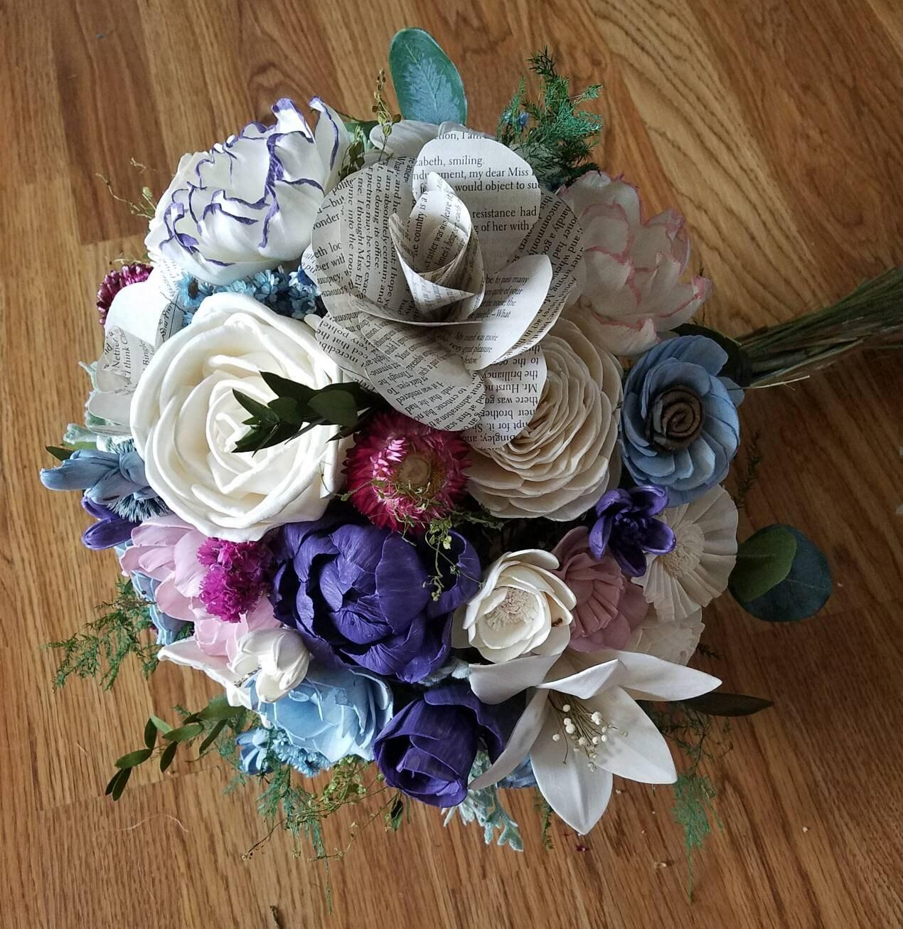 Purple, Pink, and Blue Sola Wood Flower Bouquet with Book