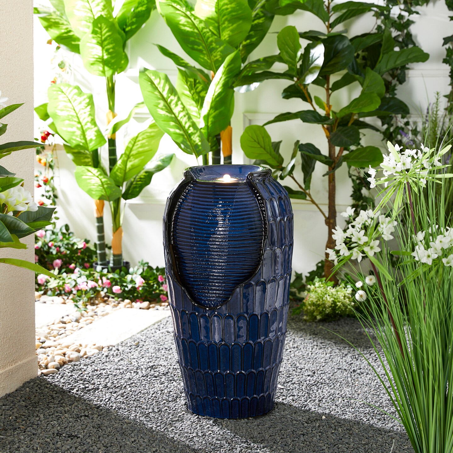28.25&#x22;H Oversized Petals Textured Ceramic Jar Outdoor Floor Fountain with Pump and LED Light