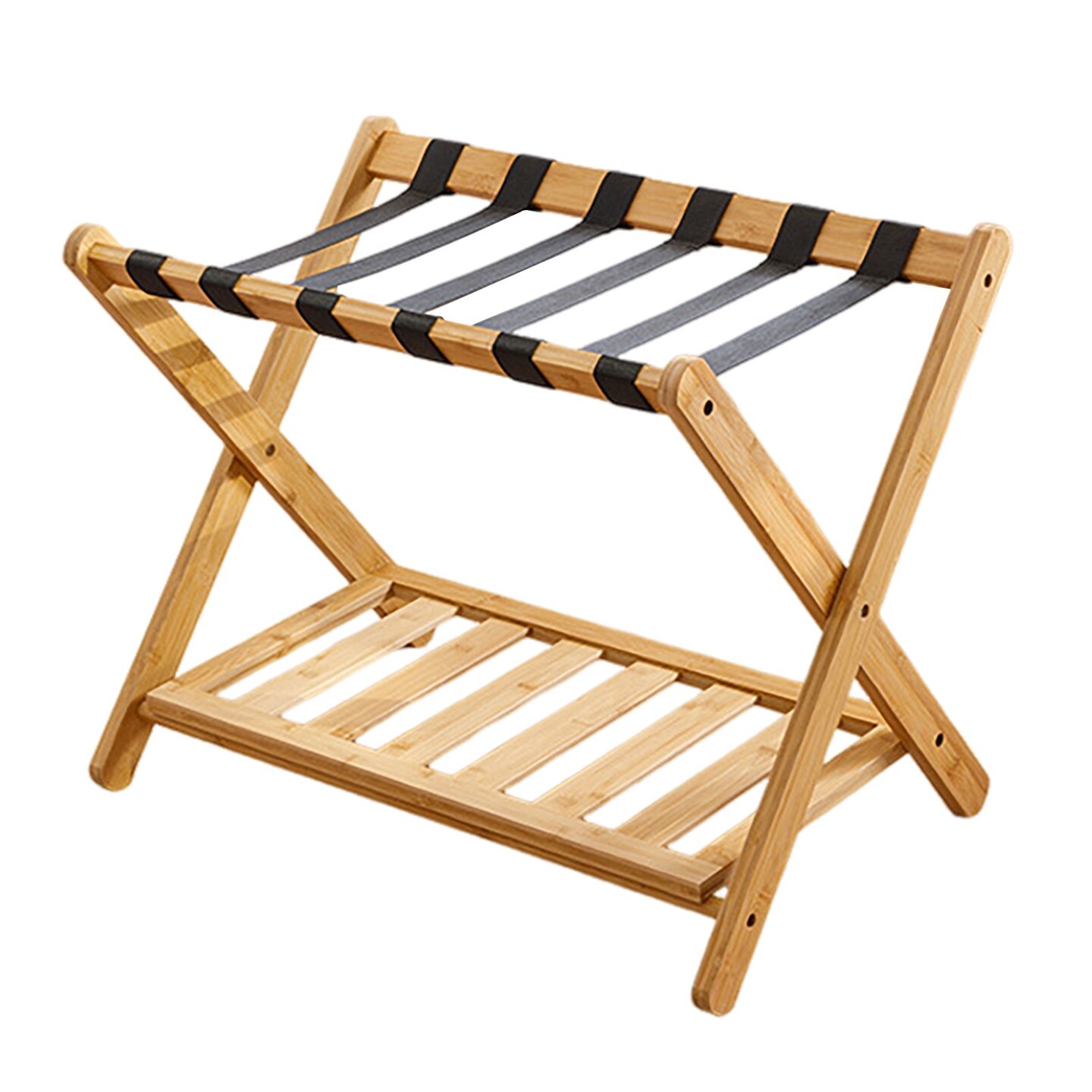 Double Layer Luggage Rack Heavy Duty Bamboo Suitcase Stand Foldable Luggage Holder For Guest