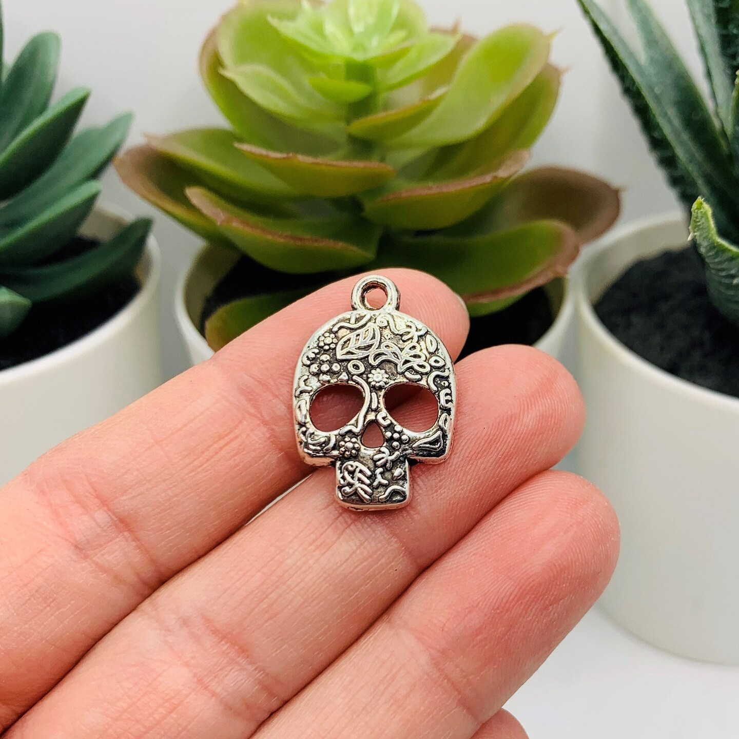 4, 20 or 50 Pieces: Silver Flowered Sugar Skull Dia De Los Muertos Charms