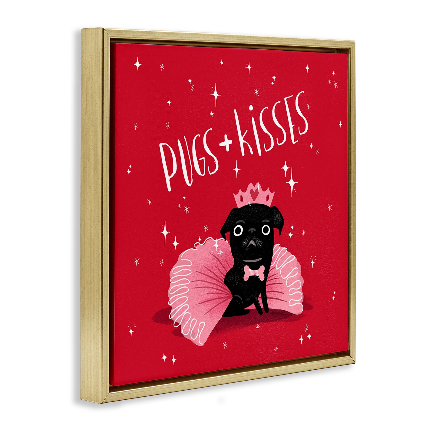 Stupell Industries Pugs &#x26; Kisses on Red Framed Floater Canvas Wall Art Design by Leeza Hernandez