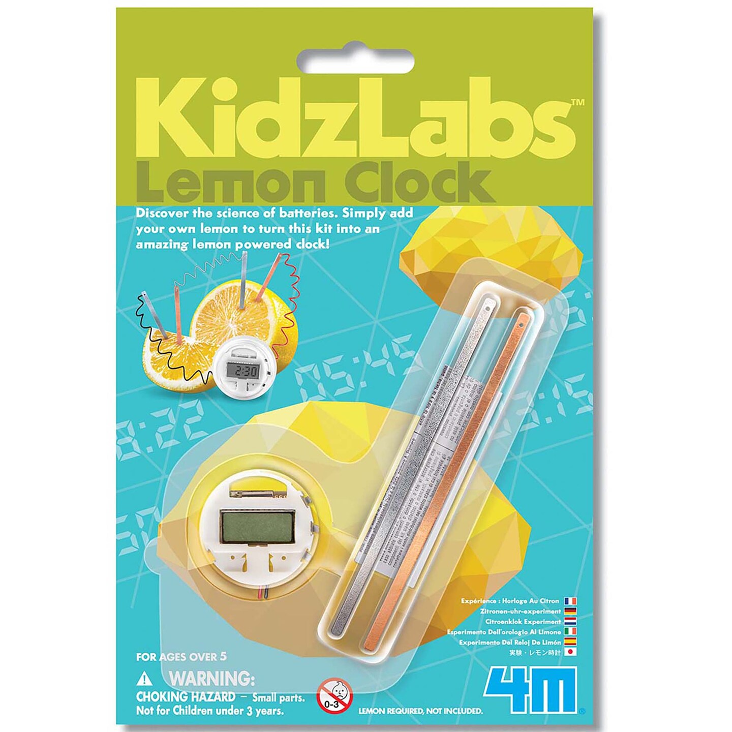 4M: KidzLabs: Lemon Clock - DIY &#x26; Experience Battery-Free Renewable Energy, Power A Digital Clock, STEM Learning Craft Activity Kit, Kids Age 5+