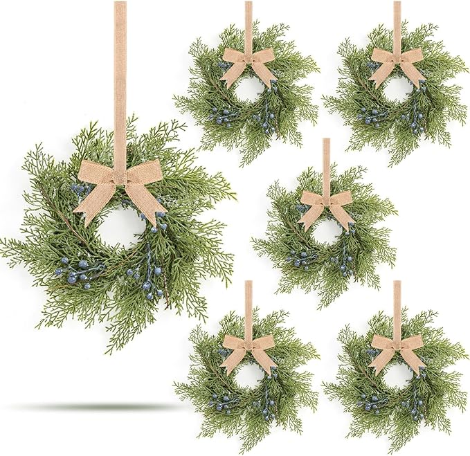 6 Pcs Small Blueberry Swags Spring Summer Wreath Mini Kitchen Candle Rings 3” Blue Berry Cabinet Wreaths with Retro Burlap Ribbon for Farmhouse Rustic Home Front Door Window Wedding Chair Wall