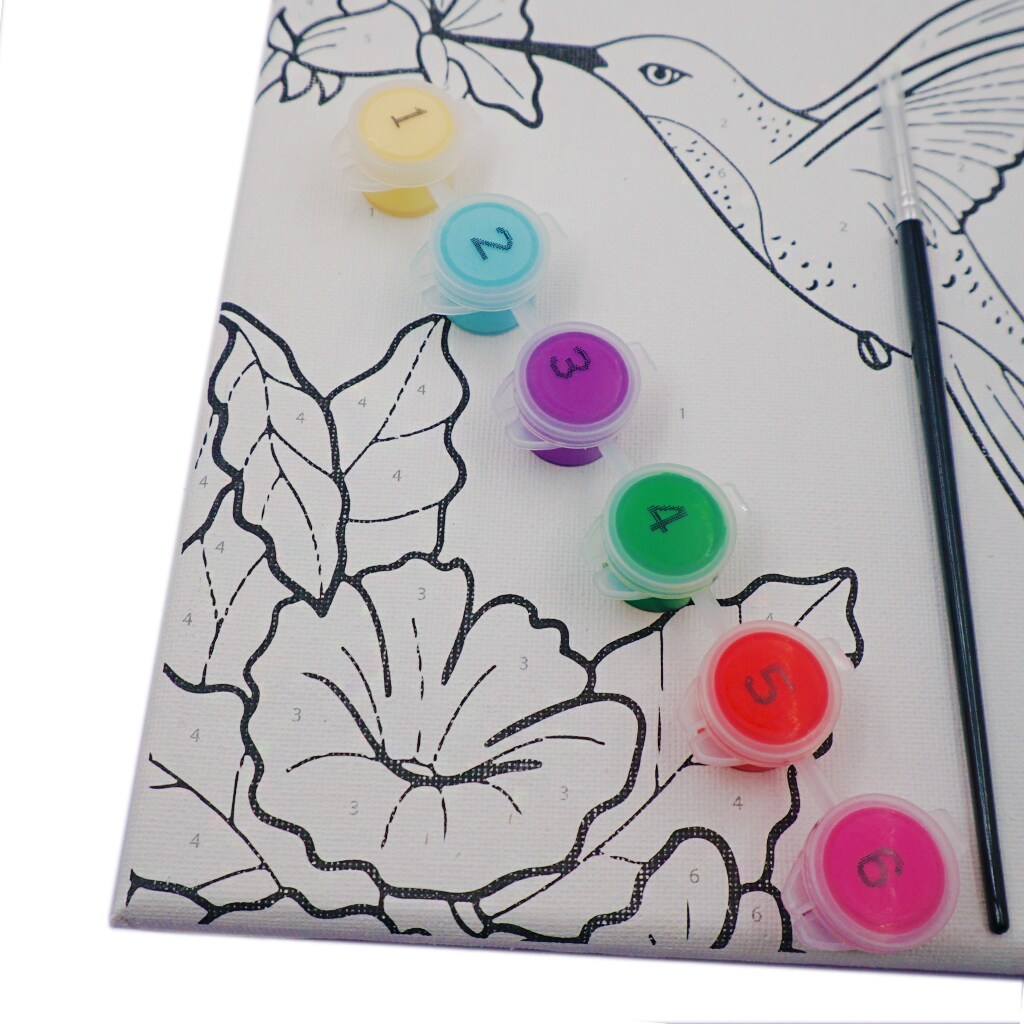 Angels Craft Paint by Number Canvas Set - Petal & Wing Hummingbird | Includes: 1 Pre-printed Canvas, 6 Acrylic Paint pots, 1 Artist Brush