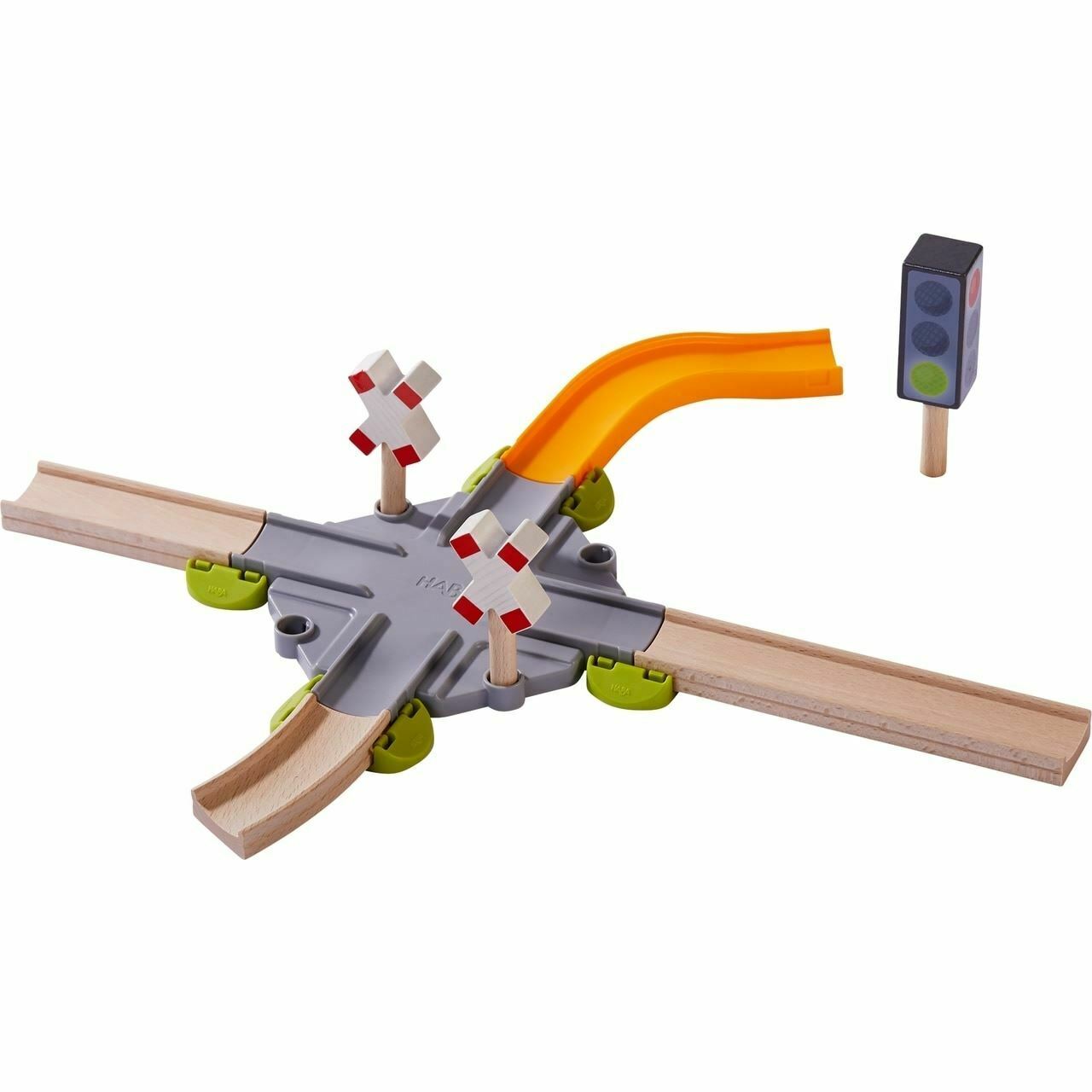 HABA Kullerbu Expansion Set - Intersection - 12 Piece Add-on Includes Railway Crossing, Traffic Signals and Allows Track to Expand in 4 Directions