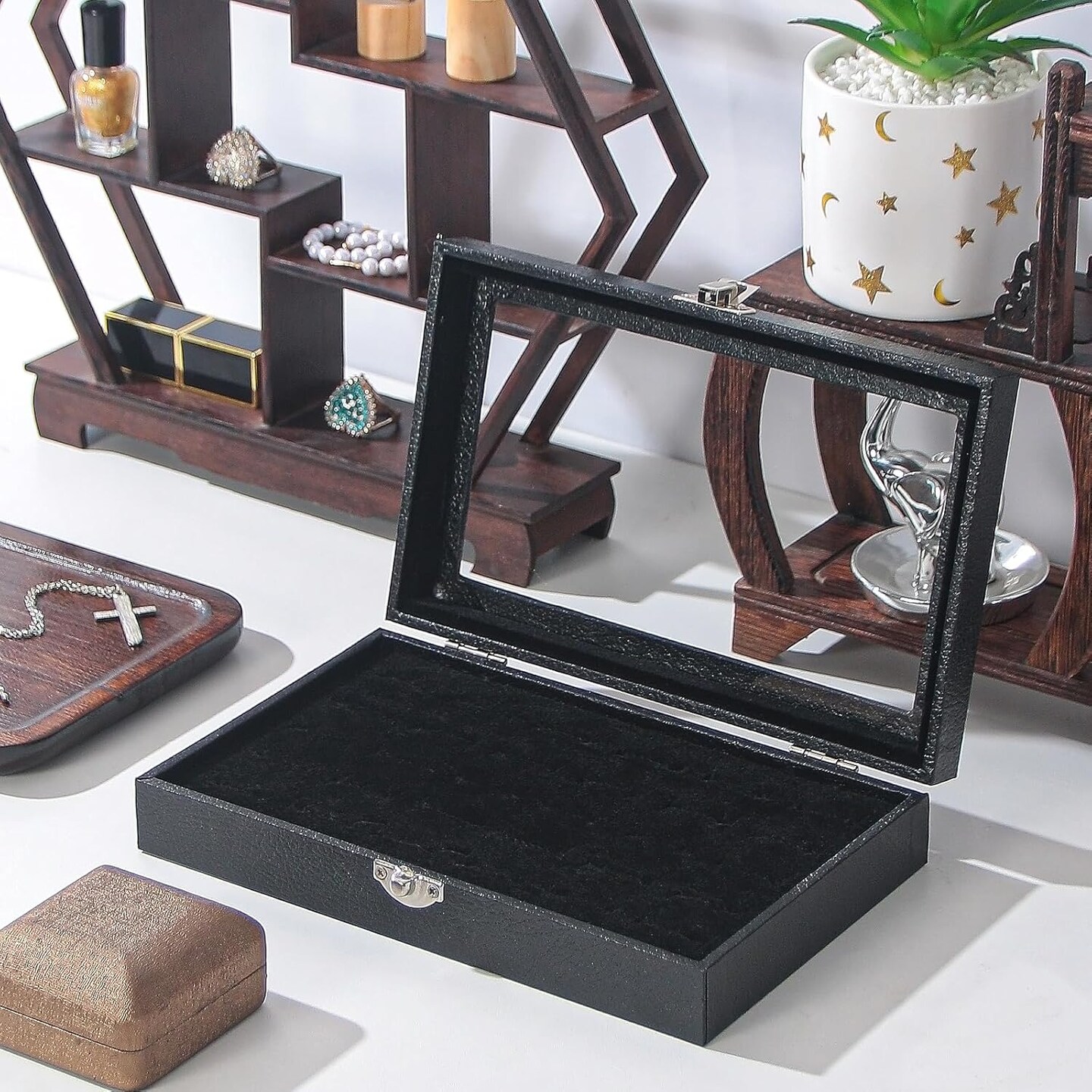Rings Organizer Tray, Velvet Jewelry Ring Storage Box with Transparent lid Jewelry Ring Box,Jewelry Display Case