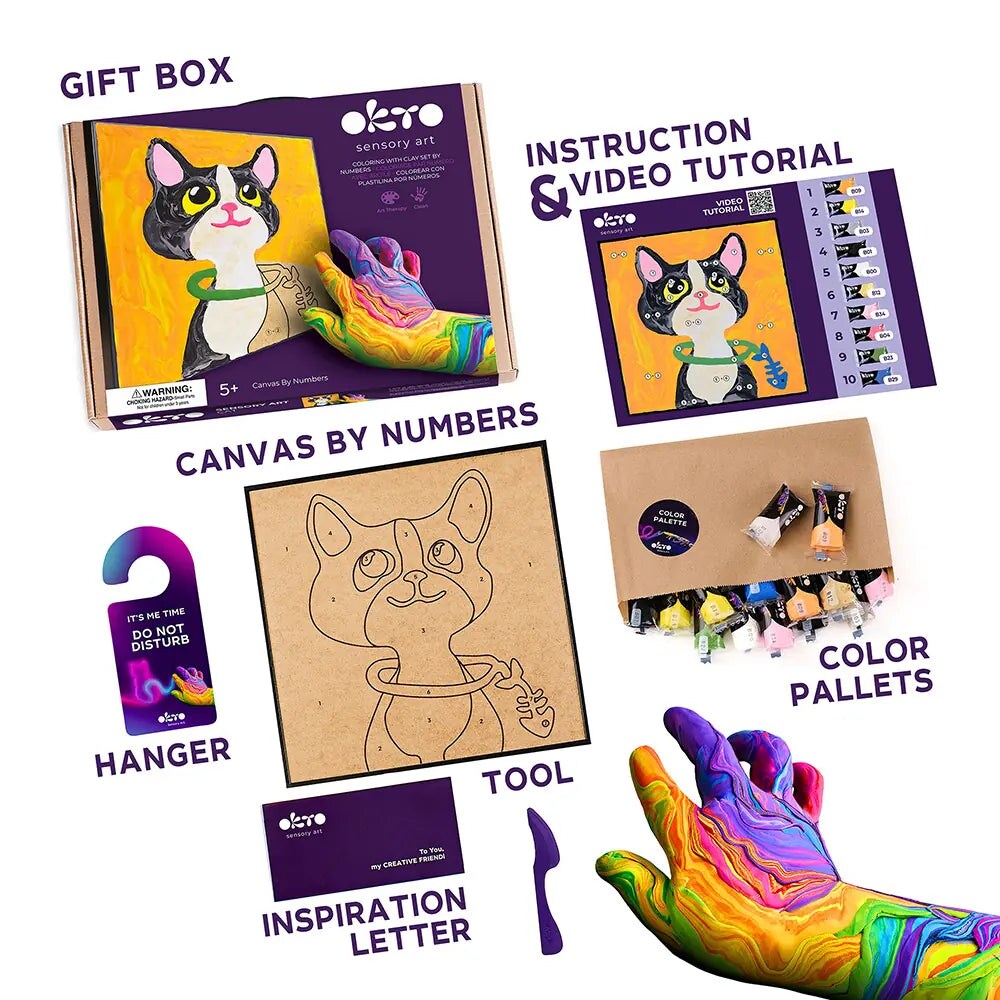 OKTO | DIY 3D Creative Air Dry Clay Kit | Kids Painting by Numbers Coloring Set | CAT | Frame 11.8x11.8 in
