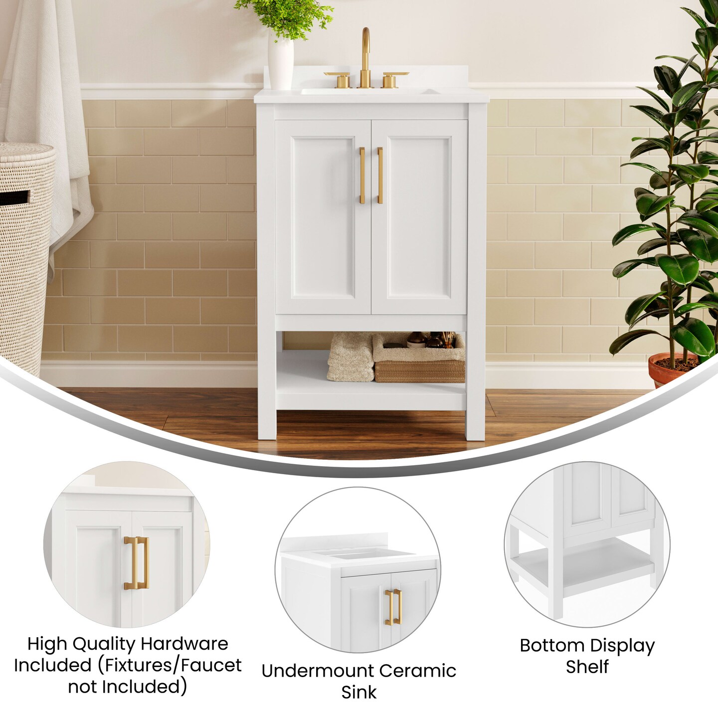 Merrick Lane Vigo Bathroom Vanity with Ceramic Sink, Carrara Marble Finish Countertop, Storage Cabinet with Soft Close Doors and Open Shelf