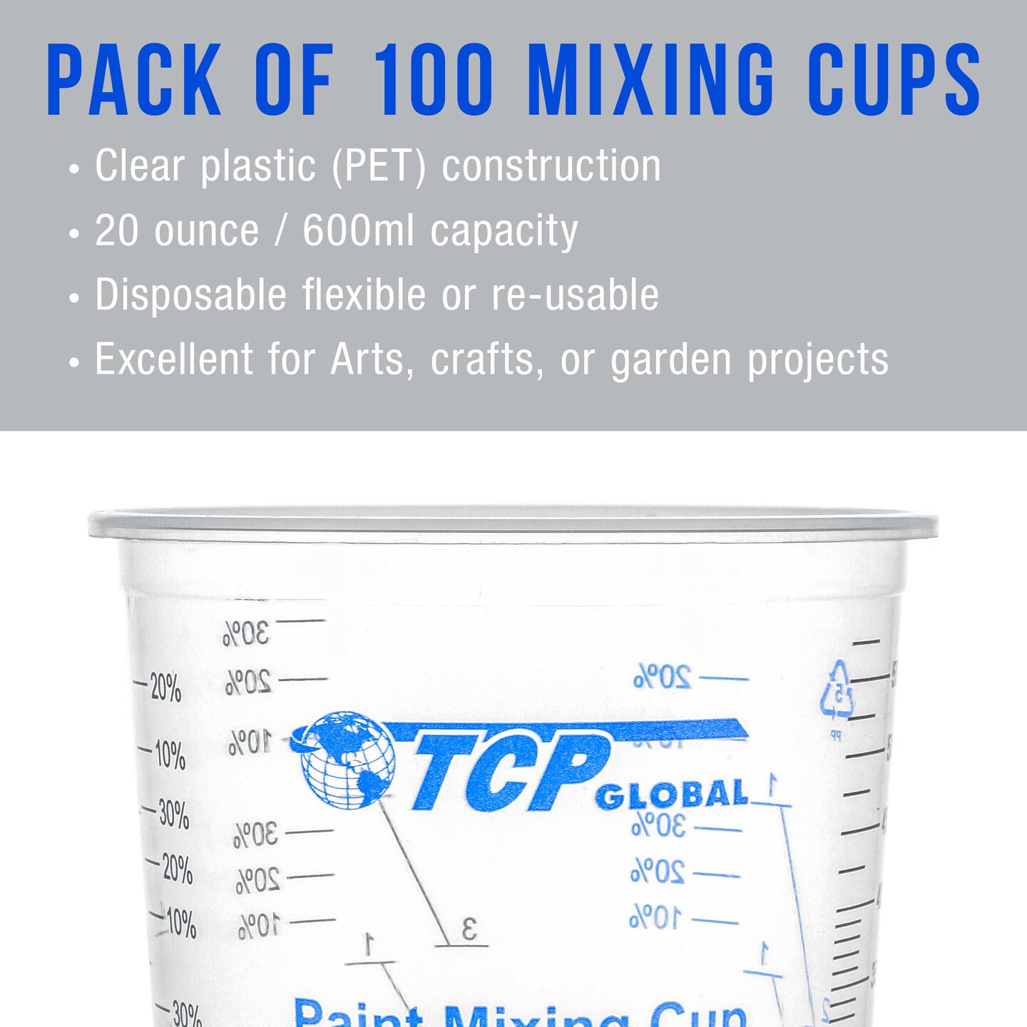 TCP Global 20 Ounce (600ml) Disposable Flexible Clear Graduated Plastic Mixing Cups - Box of 100 Cups &#x26; 50 Mixing Sticks - Use for Paint, Resin Epoxy