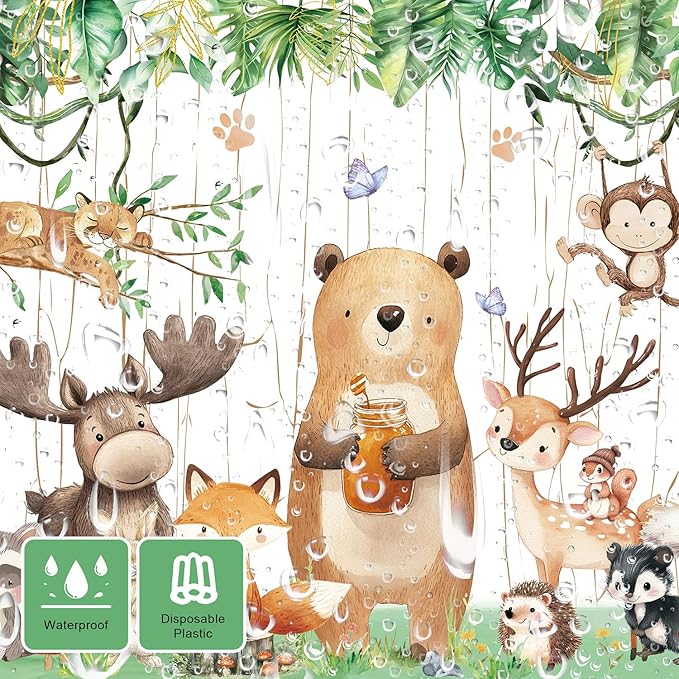 Woodland Plastic Tablecloth for Birthday Baby Shower Decorations - 3 Pack 54'' x 108'' Forest Animal Bear Fox Party Supplies Woodsy Creatures Printed Rectangular Disposable Table Cover