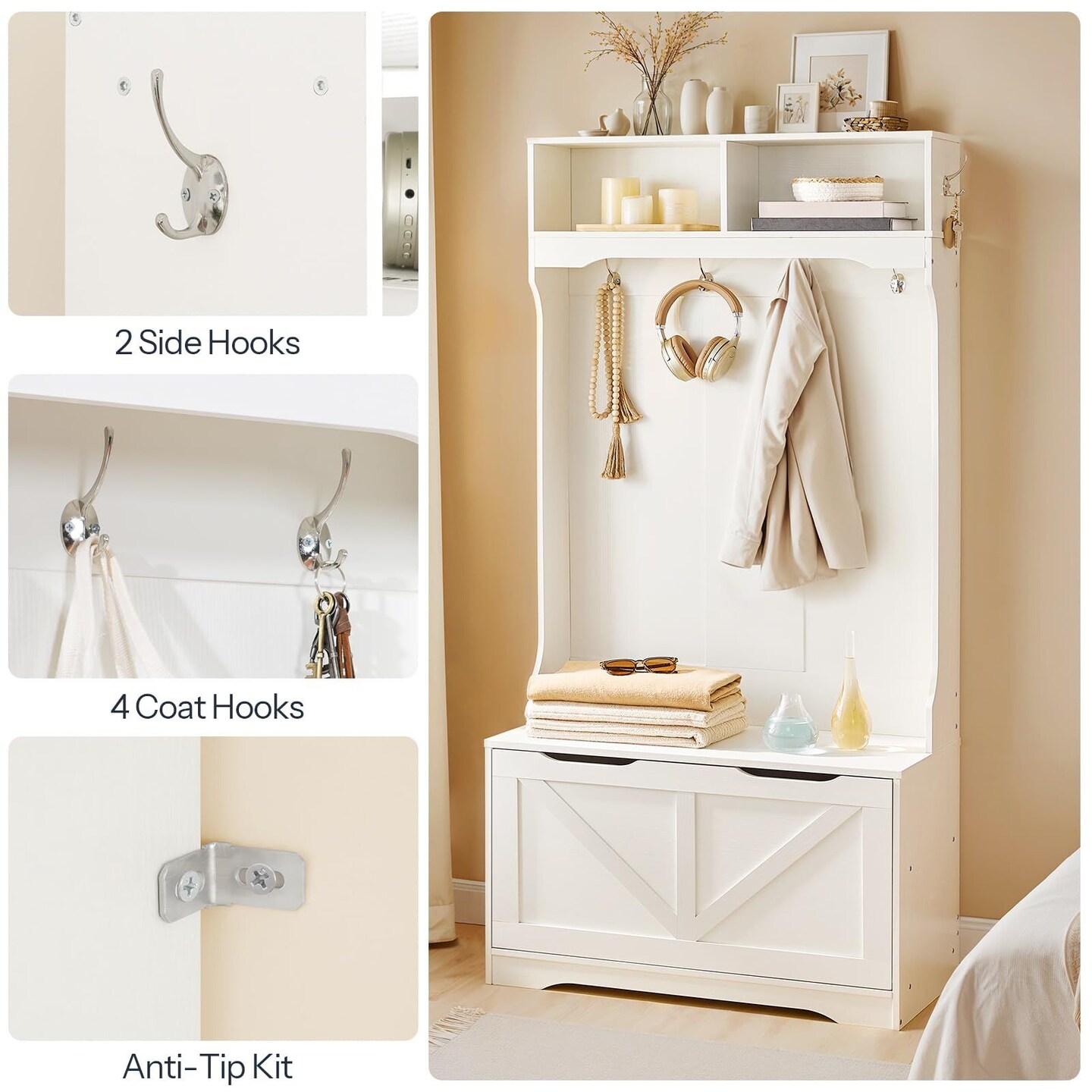 White Entryway Hall Tree with Shoe Bench, 6 Hooks, Storage Cabinet