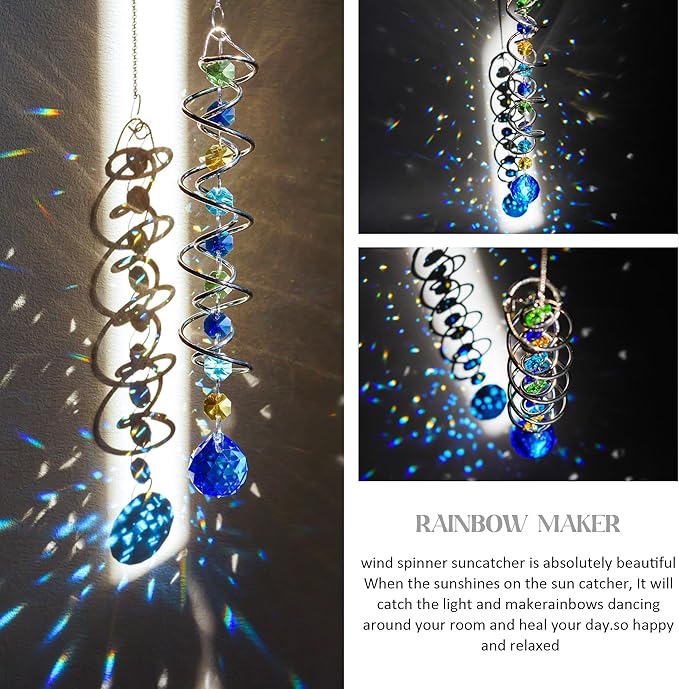 20.5inch Gazing Ball Spiral Tail,Decorative Wind Spinner Sun Catcher,Rainbow Maker Double-Spiral W/Sea Blue Crystal Ball and Chain,Glass Crystals for Indoor Outdoor Decoration