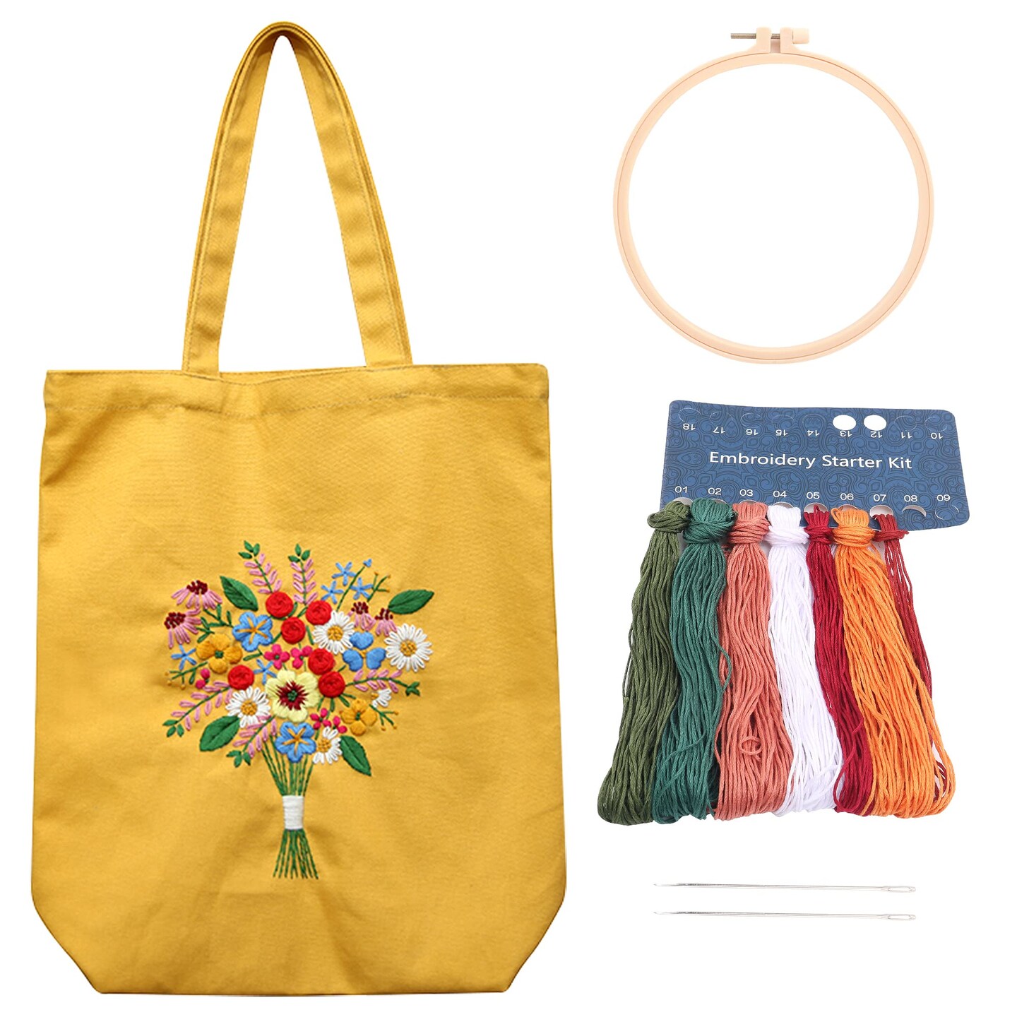 Canvas Tote Bag Embroidery Kit with Pattern for Beginners, Arts and DIY Crafts Kits for Adults, Include Instructions Embroidery Bag, Embroidery Hoops, Color Threads and Tool (Yellow)