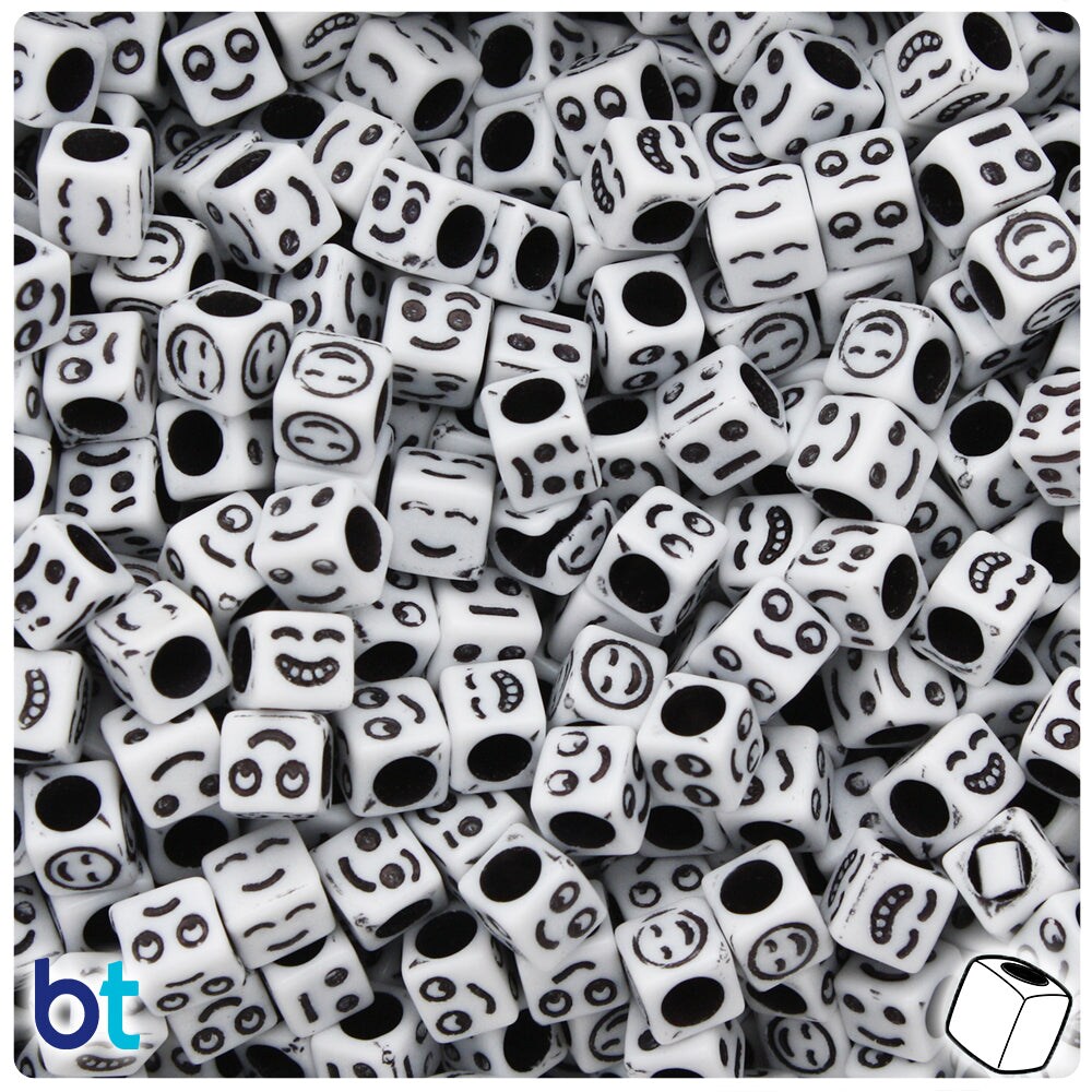 BeadTin White Opaque 6mm Cube Plastic Alpha Beads - Black Faces (200pcs)