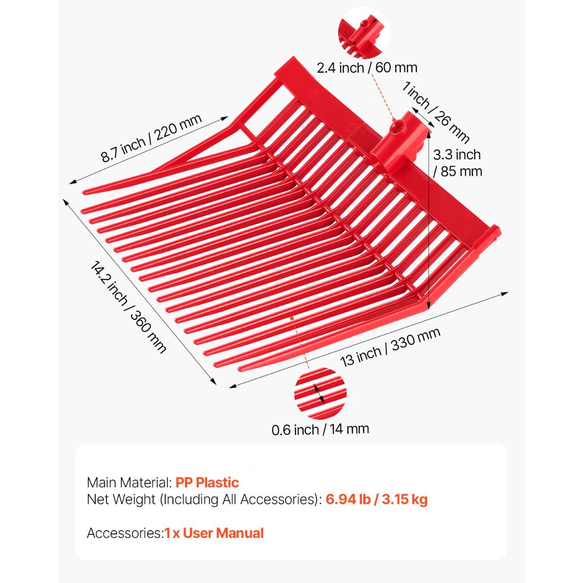 6-Pack PP Plastic Manure Fork Heads for Horses, Angled Tines and Sturdy Design for Cleaning