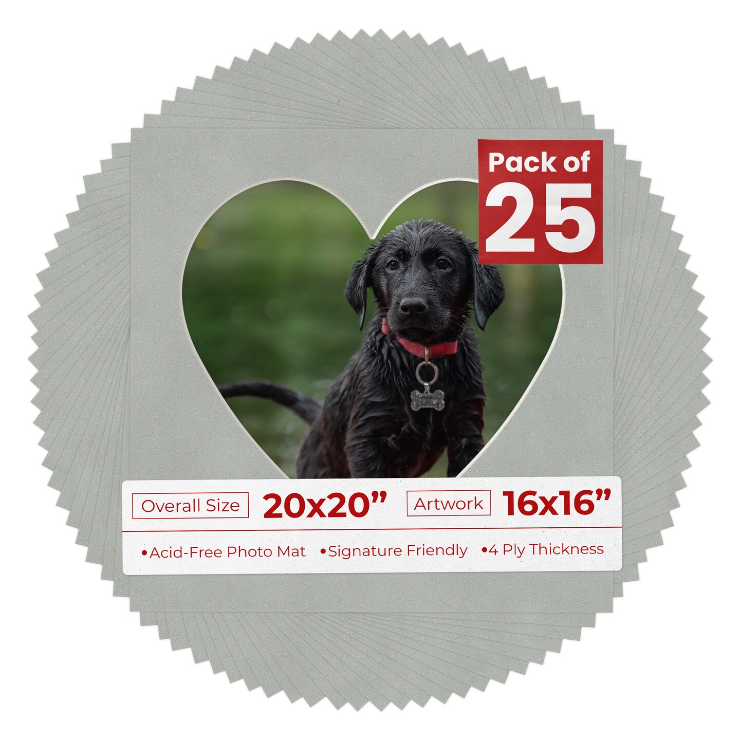 Light Grey Suede Mat Board for 20x20 Frames - Heart Opening for 16x16 Photos