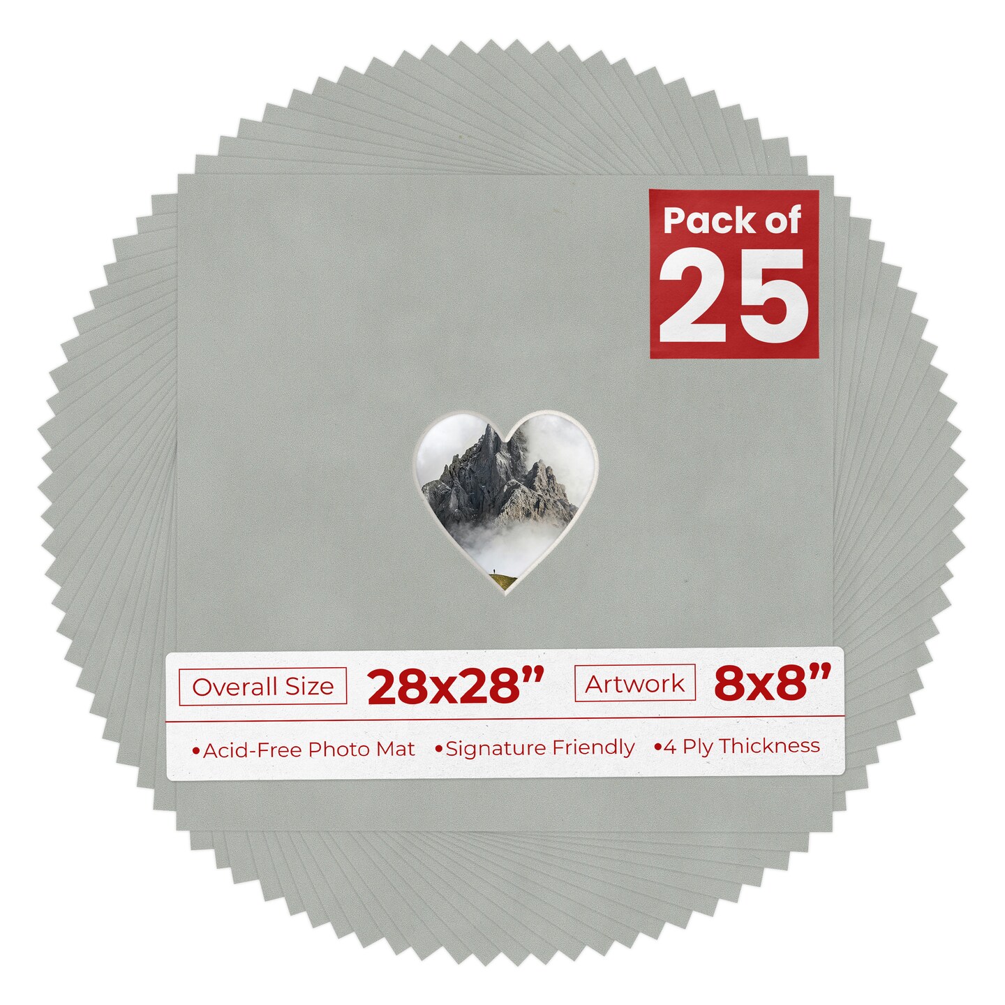 Light Grey Suede Mat Board for 28x28 Frames - Heart Opening for 8x8 Photos