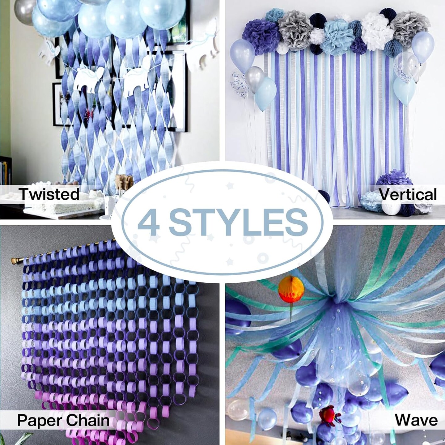 Blue Crepe Paper Streamers 4 Rolls 328 ft Pack of Light Pastel Baby Blue Crepe Paper for Baby Shower Gender Reveal Graduation Birthday Party Decorations (1.8 Inch x 82 Ft/Roll), Blue-32