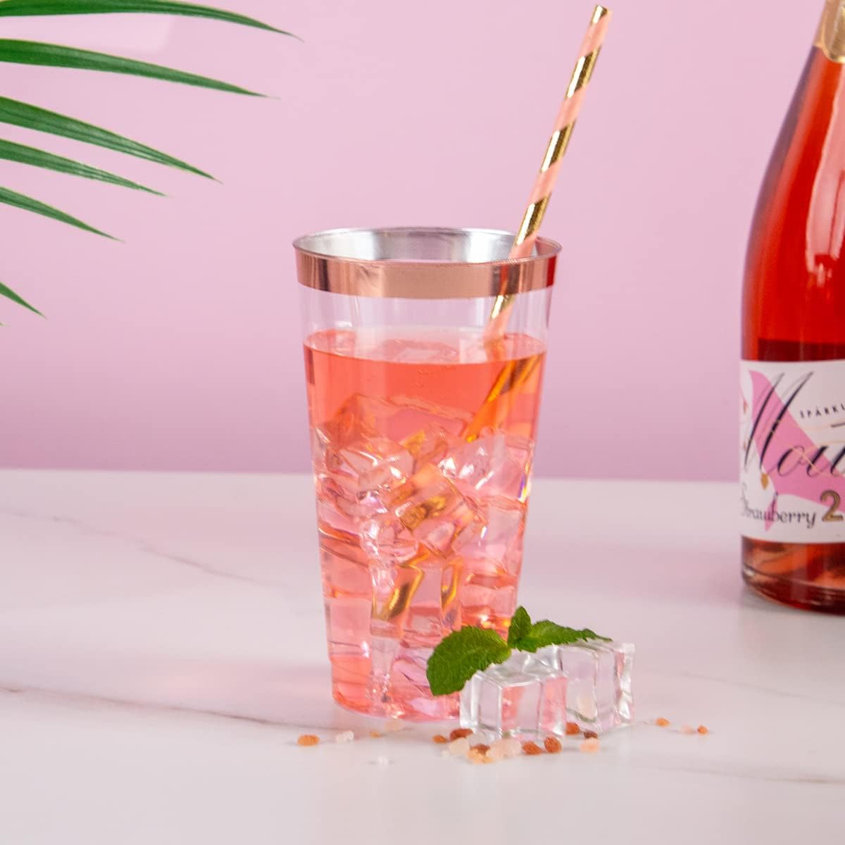 Rose Gold Plastic Cups 16 oz - Clear Plastic Tumblers Rose Gold Rimmed Cups Fancy Disposable Wedding Cup Elegant Party Drinking Cup