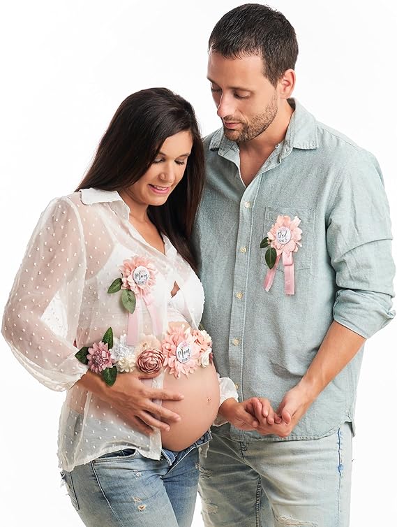 Baby Shower Maternity Sash Belly Belt-Pink Flower Sash Set Mom to Be &#x26; Dad to Be Corsage Pins for Gender Reveal