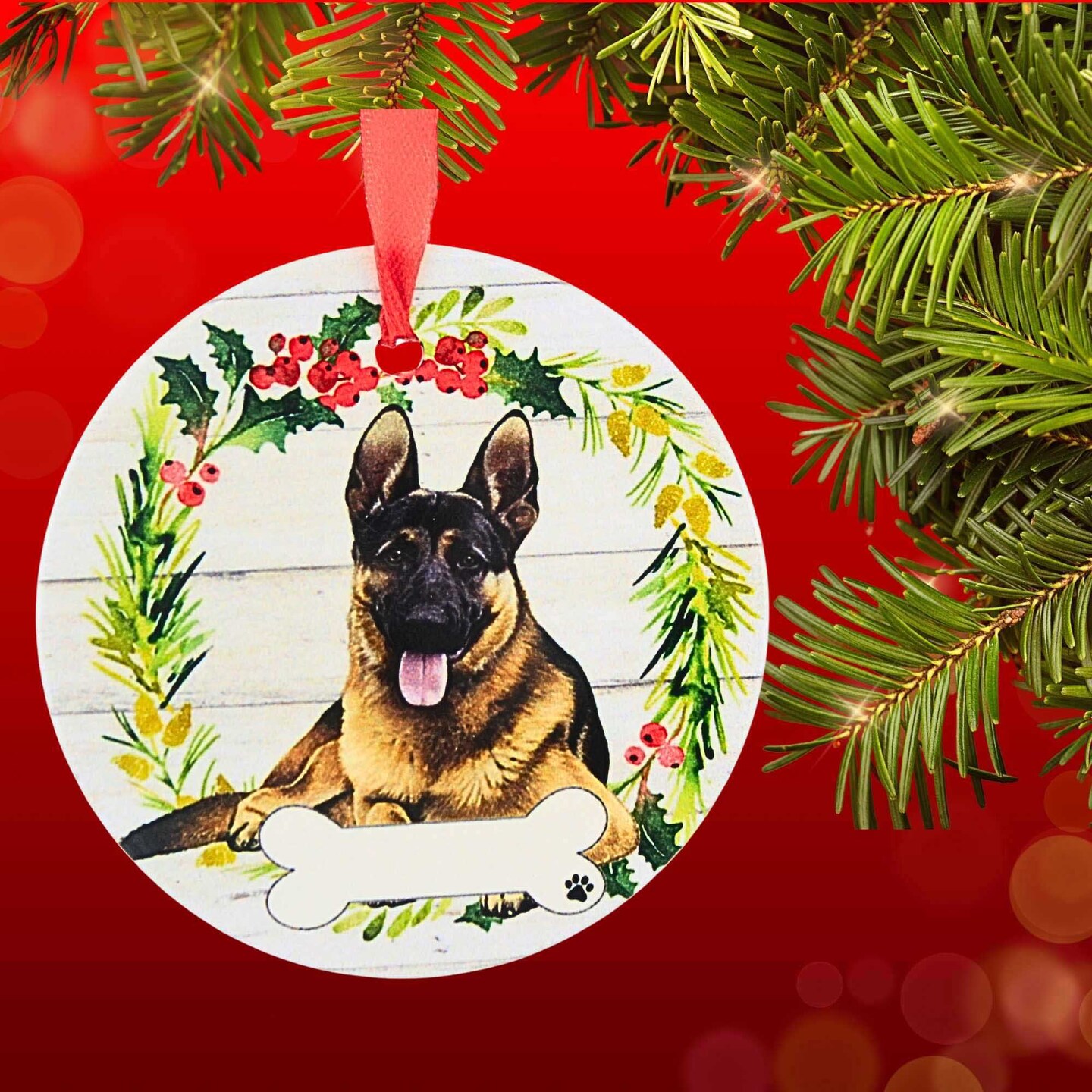 E & S Imports 3.5 Inch Ceramic German Shepherd Ornament Christmas Tree Ornament , Dog Puppy Ribbon Cherish Pet