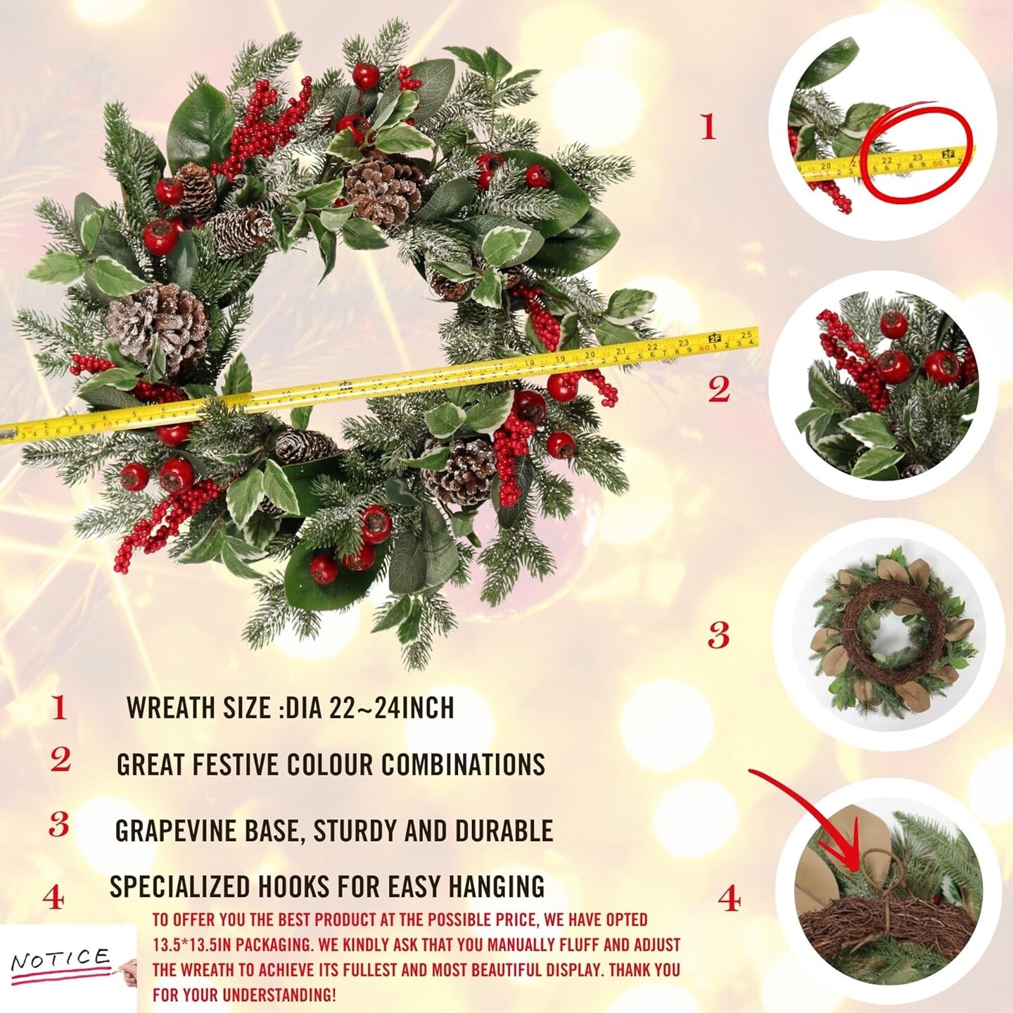 24-Inch Christmas Wreath for Front Door(Red Berry)22&#x22;D x 22&#x22;W x 5&#x22;H