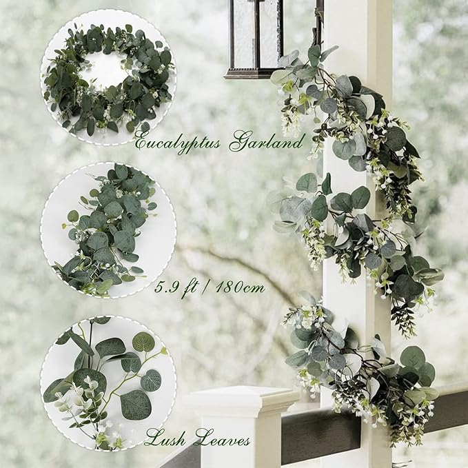 Artificial Eucalyptus Garland with White Flowers 2 Packs 5.9Ft Silver Dollar Leaves Eucalyptus Garland Faux Greenery Vines for Wedding Arch Table Runner Mantle Party Room Decor