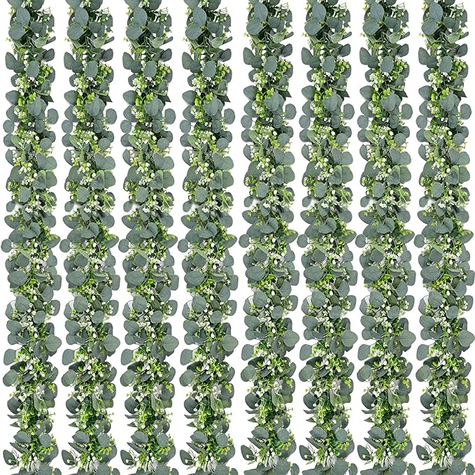 8Pcs Eucalyptus Garland, 5.9FT Greenery Garland, Green Garland with Flowers, Artificial Faux Silver Dollar Eucalyptus Leaves Vines for Table Home Wedding Mantle Party Indoor Outdoor Decor