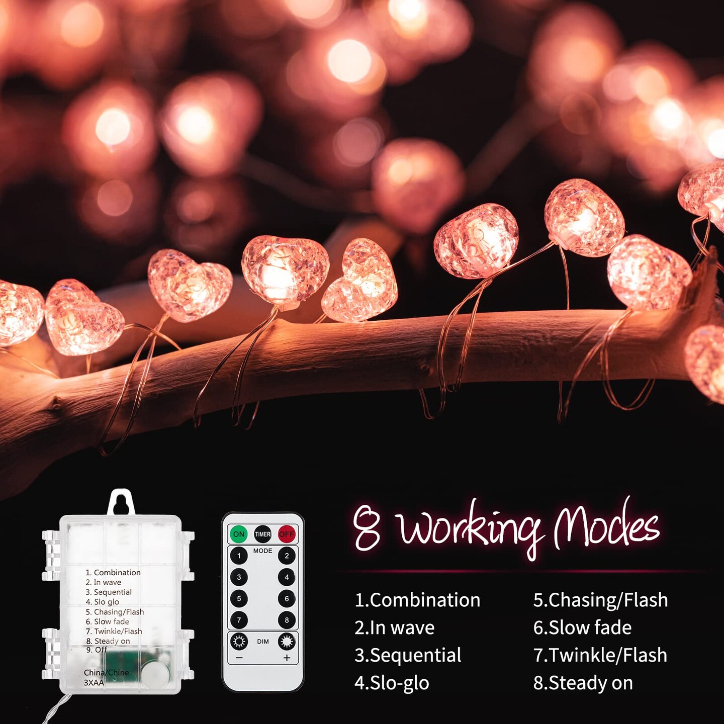 Valentine&#x2019;s Day Fairy String Lights - 10.5 ft 30 LED Pink Heart Battery Operated Fairy Lights with Timer and Remote, Twinkle Heart Lights for Wedding DIY Indoor Christmas Gift Valentine&#x27;s Day