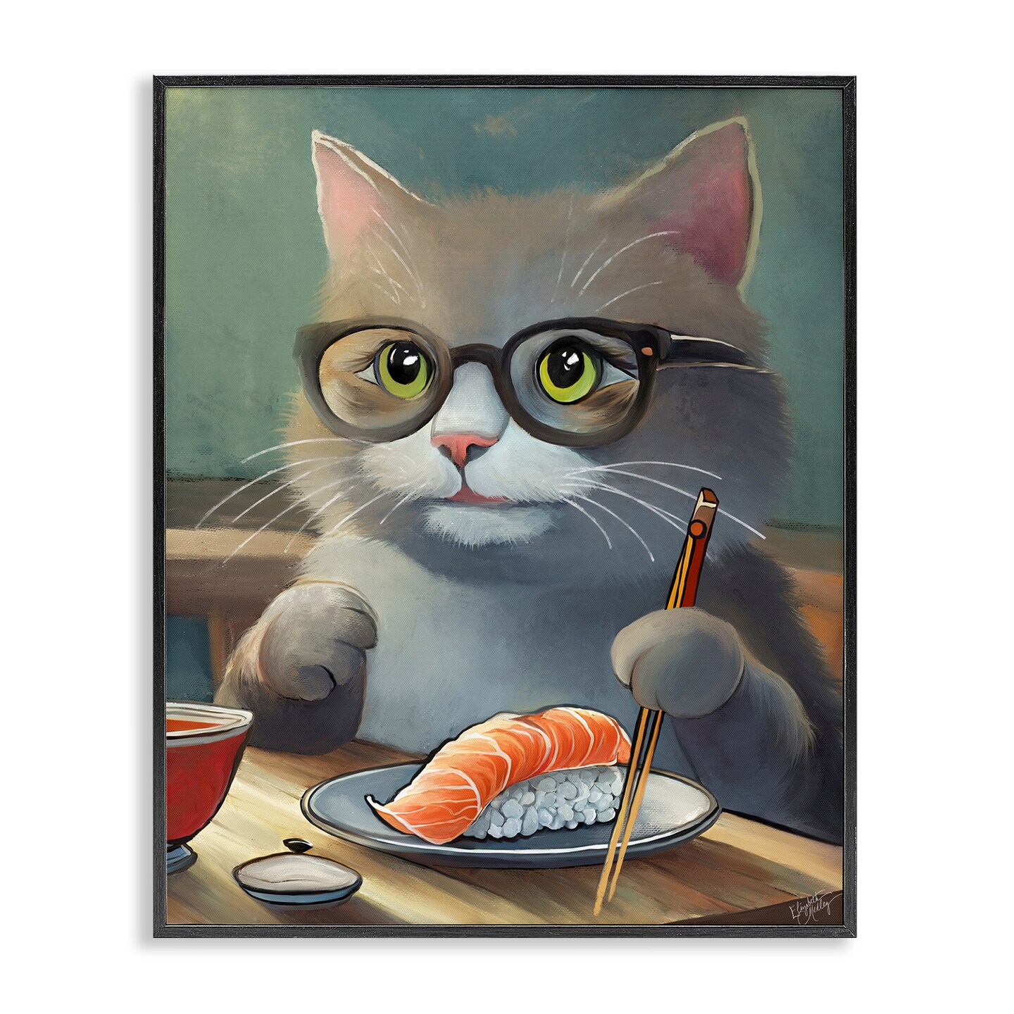 Stupell Industries Cat Eating Sushi Framed Giclee Wall Art Design by Elizabeth Medley