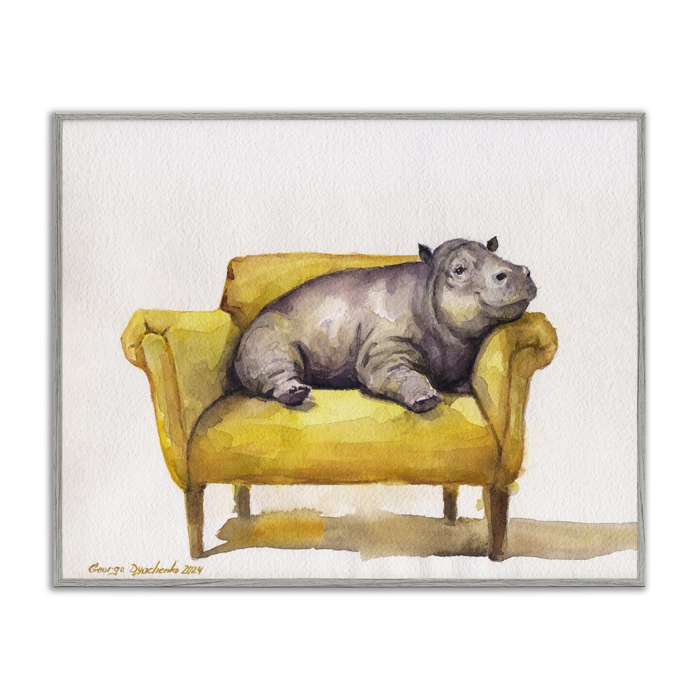 Stupell Industries Hippo on Yellow Chair Framed Giclee Wall Art Design by George Dyachenko