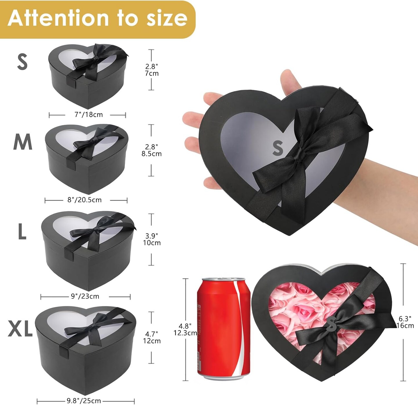 Black Heart Shaped Boxes for Flower Arrangements Heart Boxes for Flowers Set of 4 Nesting Gift Boxes with Clear Lids for Present, Valentine&#x27;s Day, Mother&#x27;s Day, Bridesmaid, Proposal, Wedding,