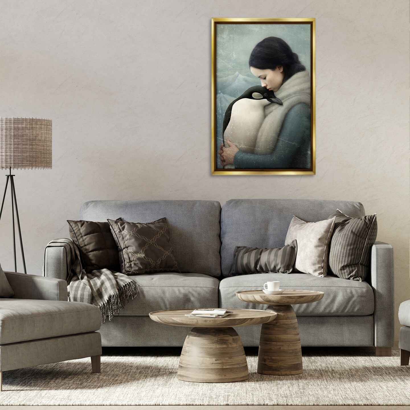 Stupell Industries Girl and Her Penguin Framed Floater Canvas Wall Art Design by Paula Belle Flores