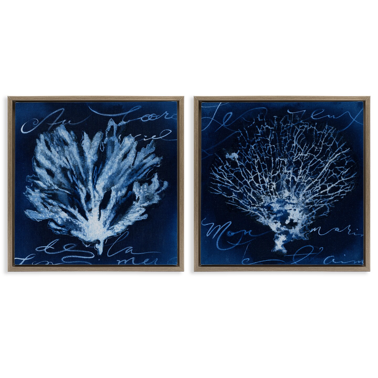 Stupell Industries Dark Blue Coral Pieces 2 pc Framed Floater Canvas Wall Art Set Design by Liz Jardine