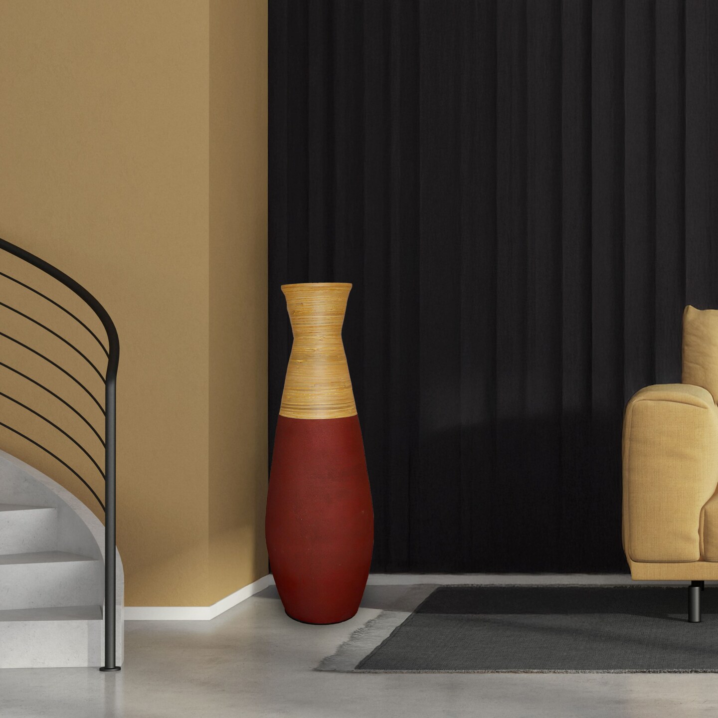 31.5 inch Tall Handcrafted Bamboo Floor Vase, Burgundy and Natural Finish, Decorative Accent, Large Floor Vase, Sustainable Bamboo, Living Room, Dining Room, Entryway Decor, Unique Home Accent