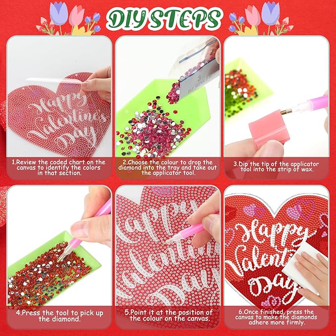 3 Pcs 5D Valentine&#x27;s Day Gnomes Heart Diamond Painting Kits Hanging Valentine Flower DIY Round Diamond Art Kits Gnome Diamond Painting Kits for Art Adults Beginners DIY Home Wall Decor