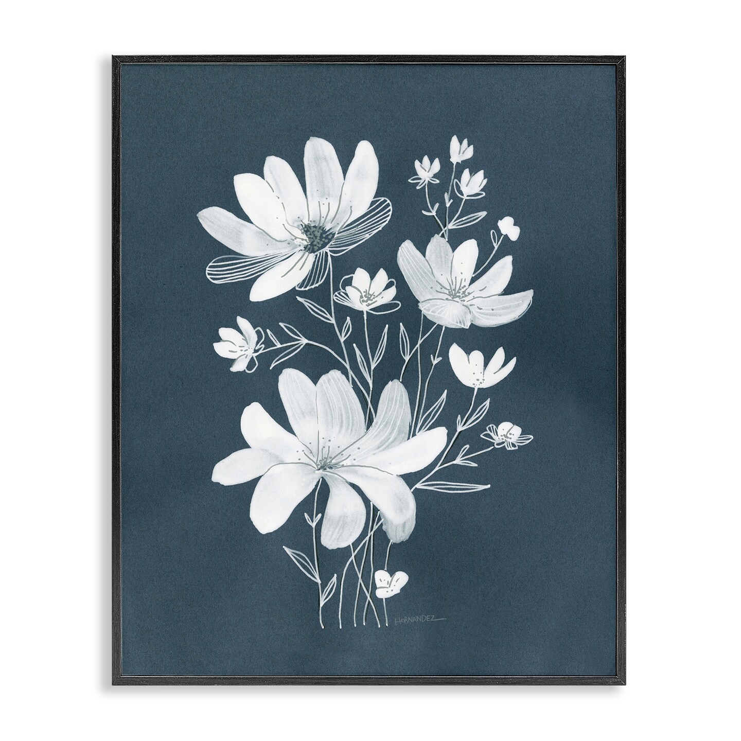 Stupell Industries White Floral with Outline Framed Giclee Wall Art Design by Leeza Hernandez