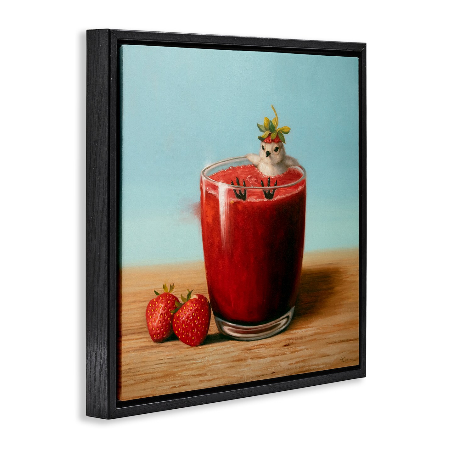 Stupell Industries Bird in Strawberry Drink Framed Floater Canvas Wall Art Design by Lucia Heffernan