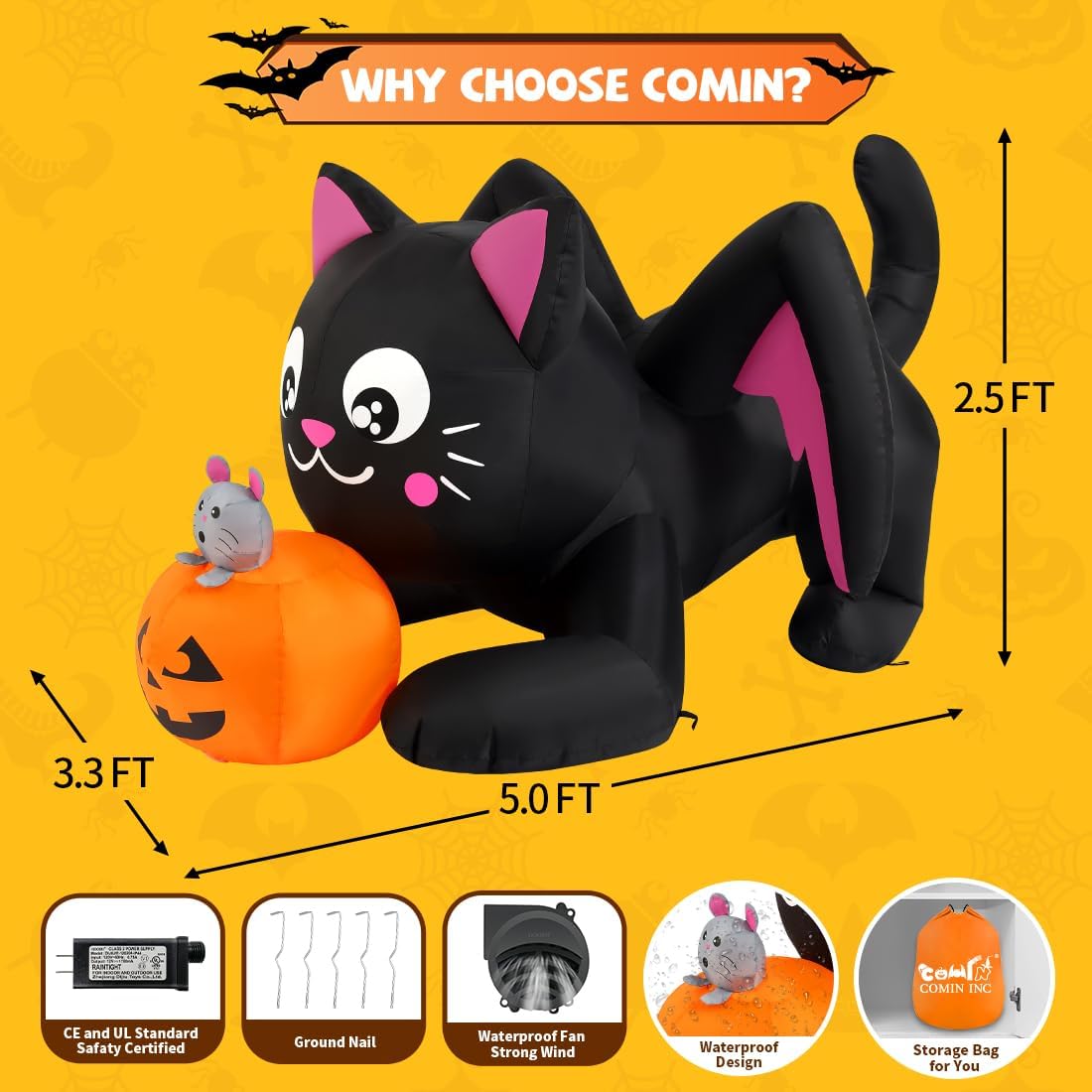 GOOSH 5 FT Halloween Inflatables Cat Blow Up Yard Pumpkin with Built-in LEDs