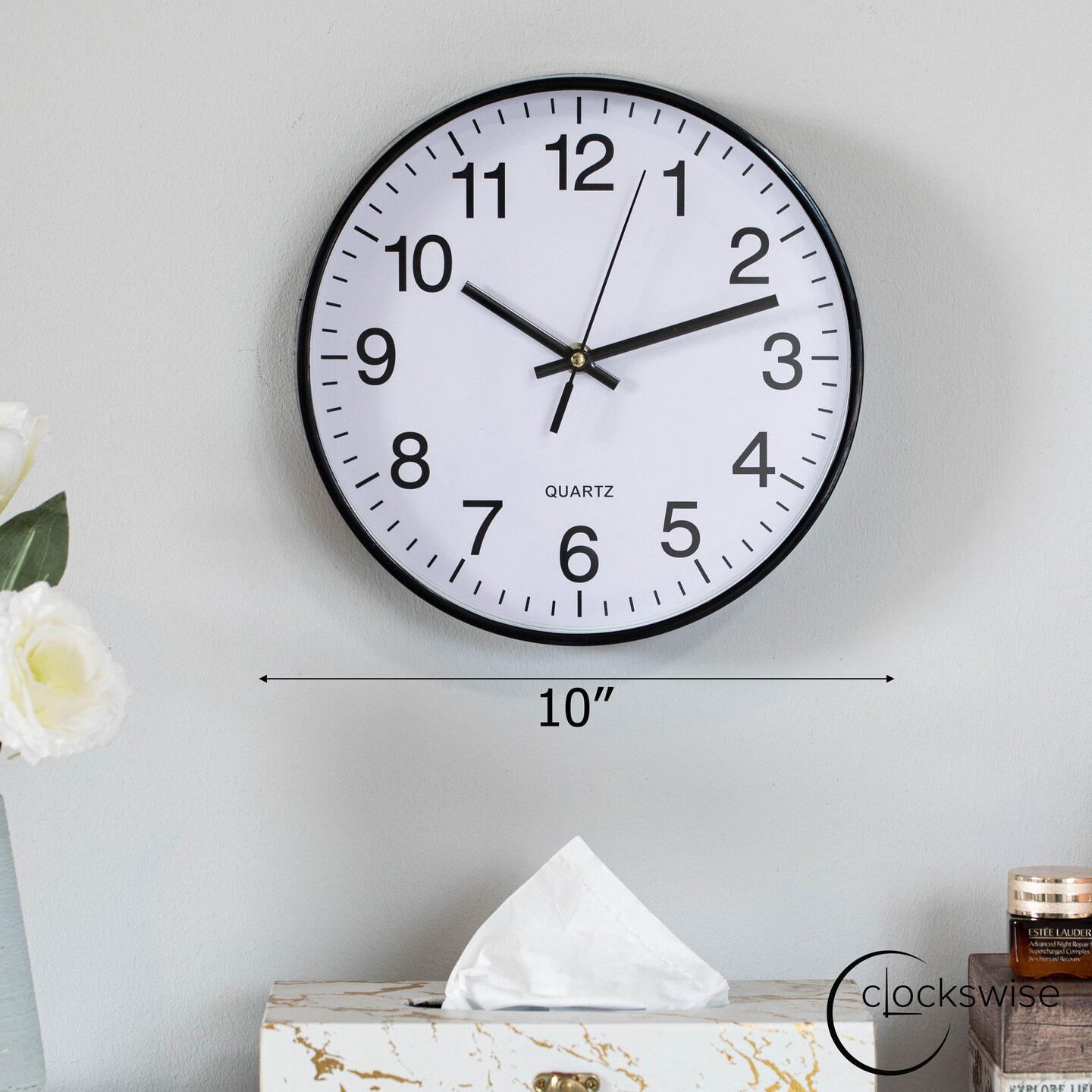 Clockswise Black Analog Clock &#x2013; Silent, Non-Ticking for Wall, Office Desk, Table and Shelf, Battery-Operated Perfect for Home Office, Farmhouse Kitchen Decor, Bathroom, School and Bedroom Decor