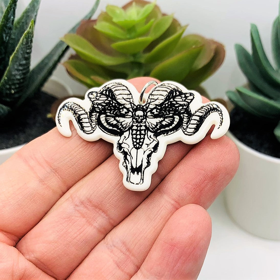 1, 4 or 20 Pieces: White and Black Ram Skull with Death&#x27;s Head Moth Charms - Double Sided