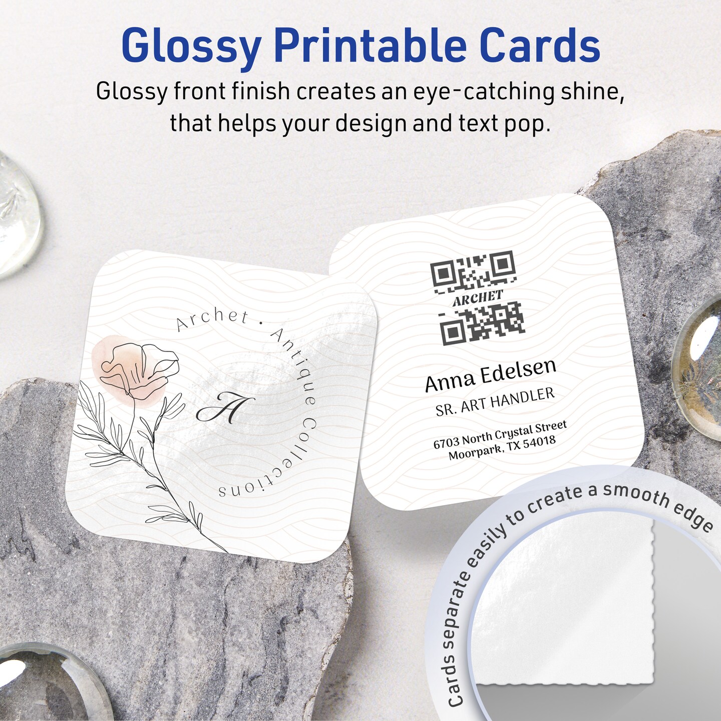 2-1/2&#x22; x 2-1/2&#x22; Square Rounded Corners, Glossy White Business Cards
