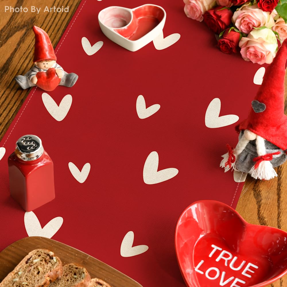 Artoid Mode Red Love Valentine's Day Table Runner, Seasonal Anniversary Kitchen Dining Table Decoration for Indoor Home Party 13x72 Inch